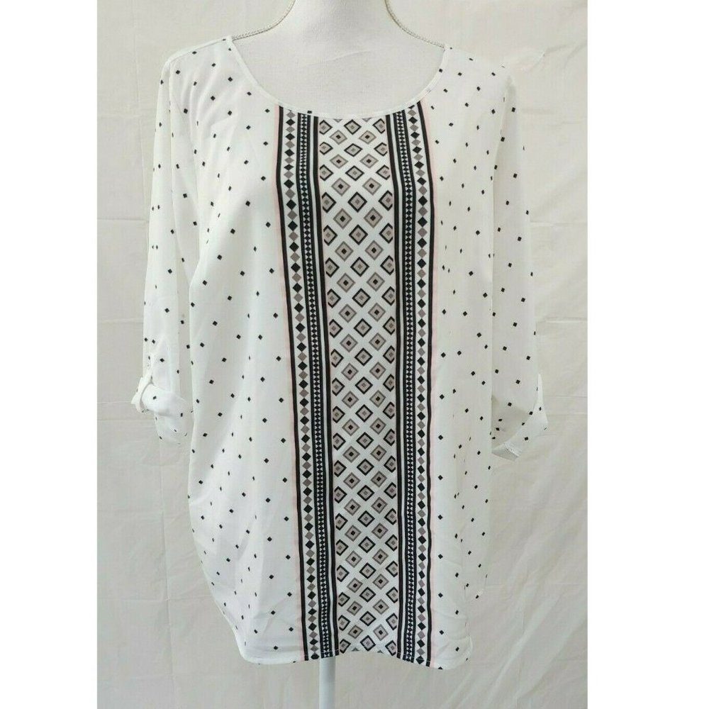 Croft & Barrow Womens Top 1X Lightweight Blouse White Pink Roll Tab Sleeves